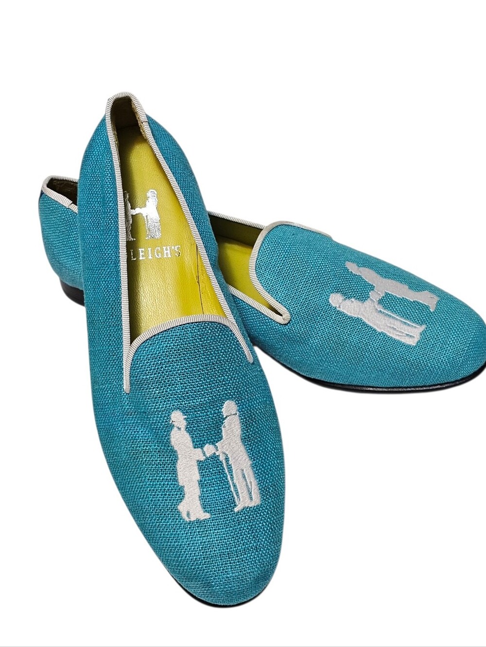 Hadleigh’s Women's Smoking Slippers 38 US 8B Turquoise Linen Embroidered Italy